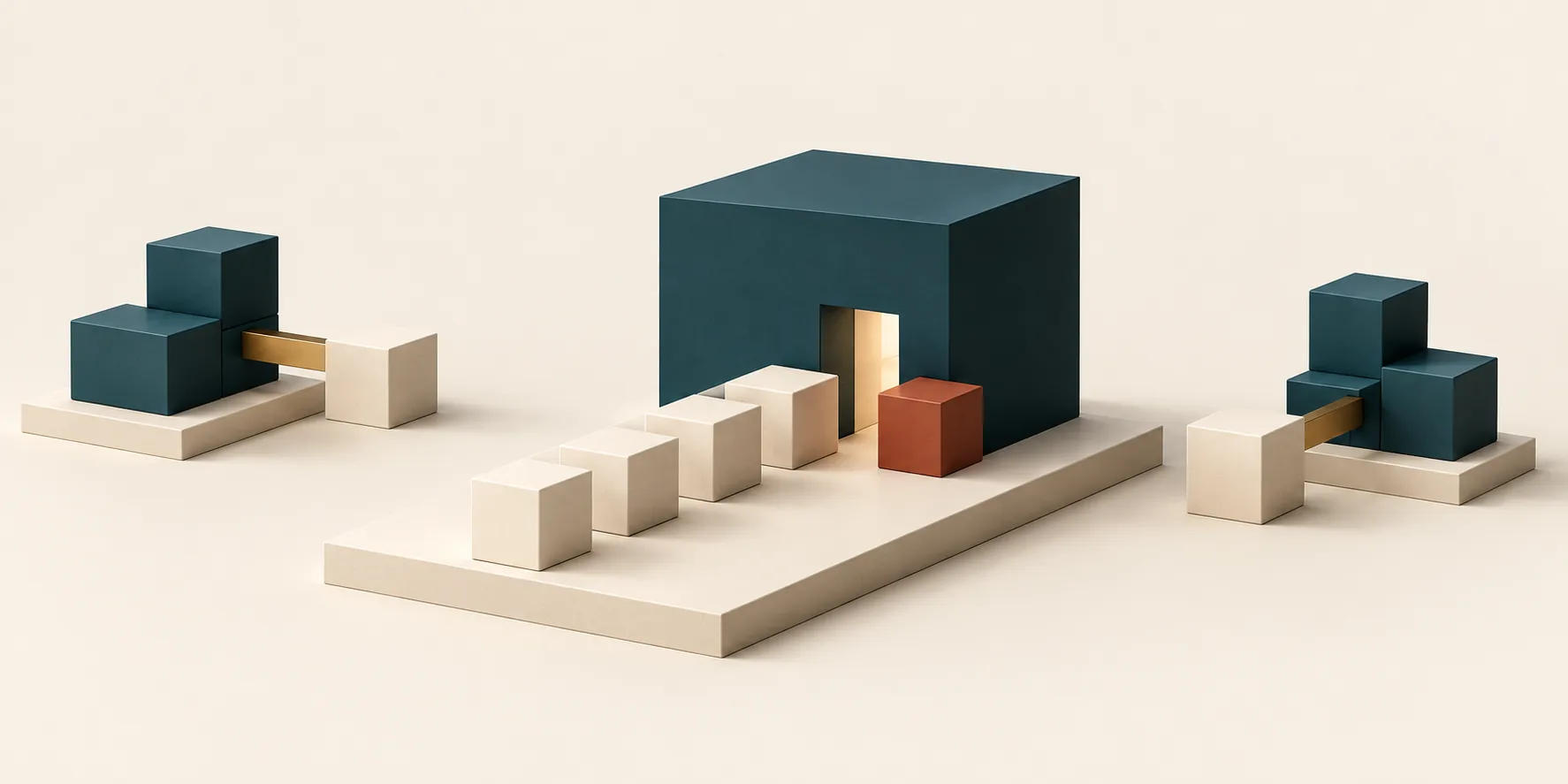 Cream cubes queue at a central teal opening beside a terracotta exception cube, while smaller teal assemblies have separate short brass paths