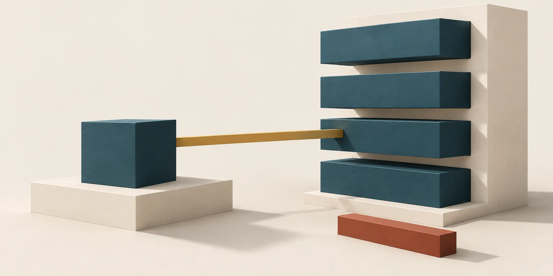A narrow brass beam connects a small teal cube to one of four separate teal system layers, with a detached terracotta connector in the foreground