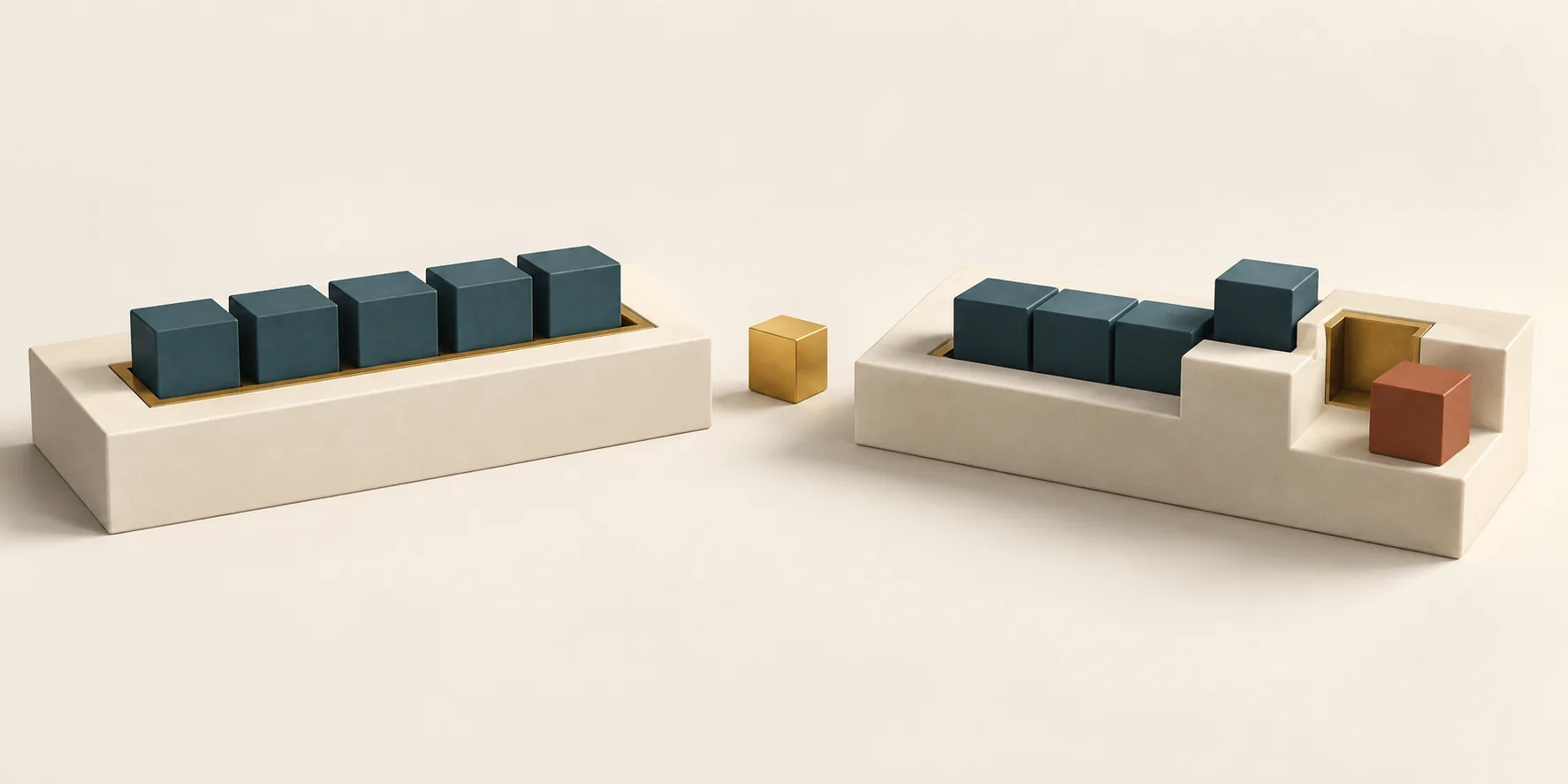 Teal cuboids follow channels on two cream platforms with different layouts, while a terracotta block and brass cube mark the need to adapt a workflow between teams