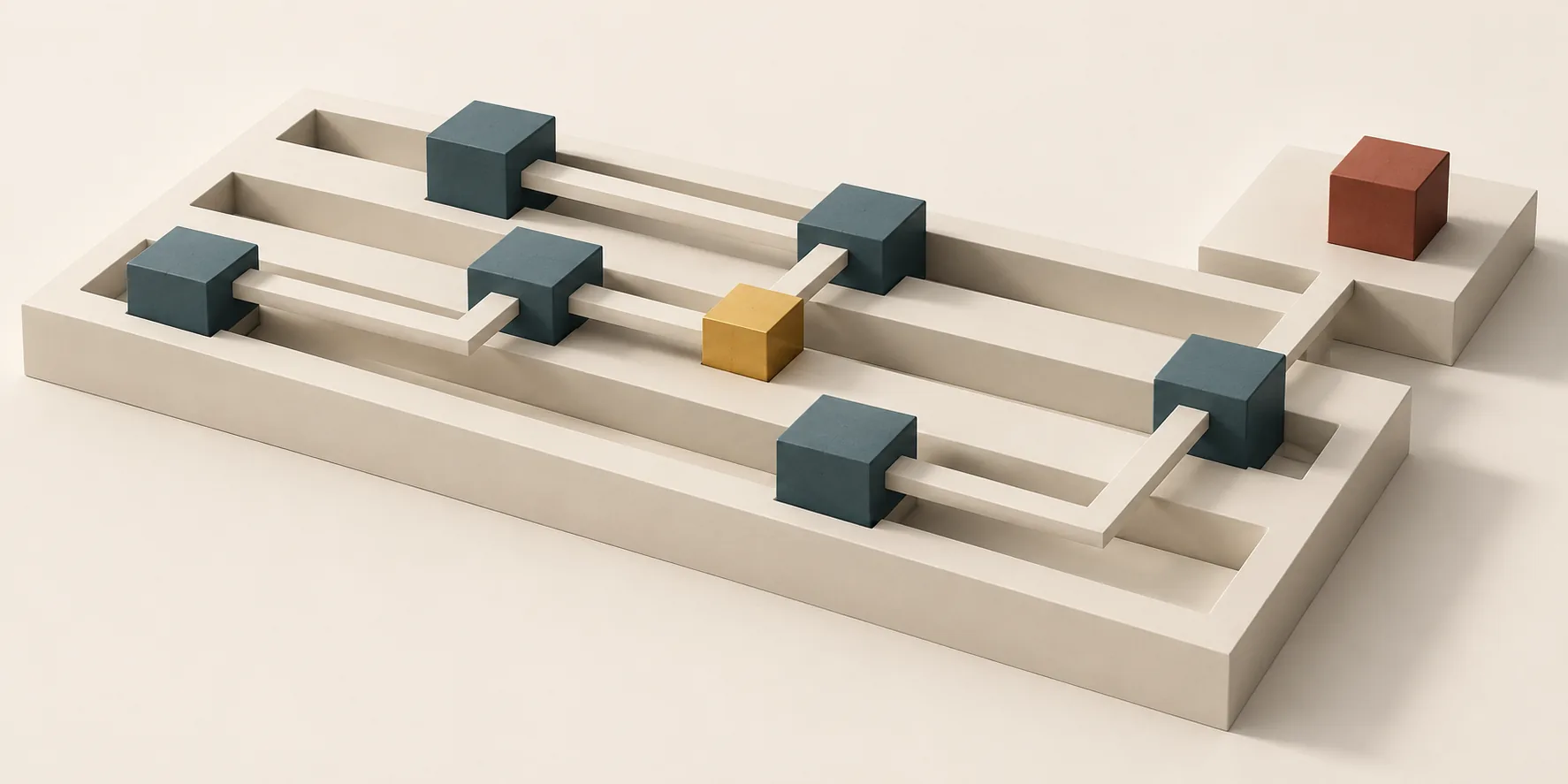 Teal cuboid modules span parallel channels in a cream tray, with cream bridges, a brass review junction, and a terracotta cube on a connected side platform