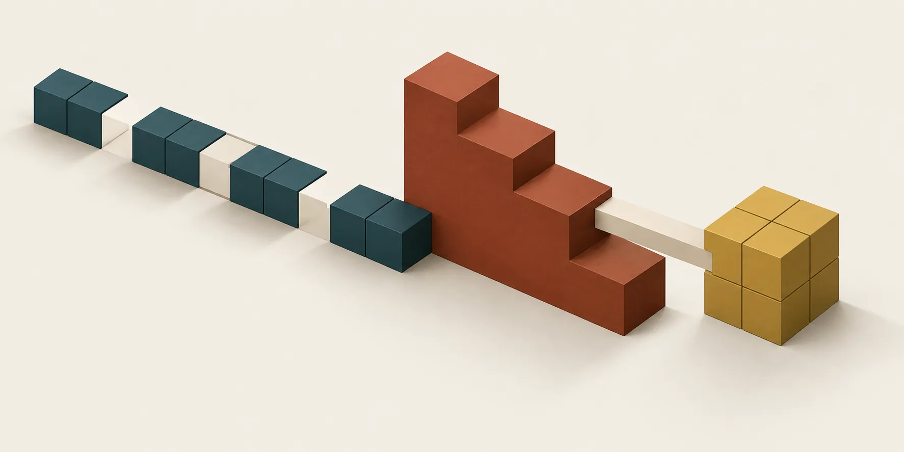 A teal cube row with gaps connects partly across a terracotta step to a small brass stack, showing that only some released time becomes cash savings