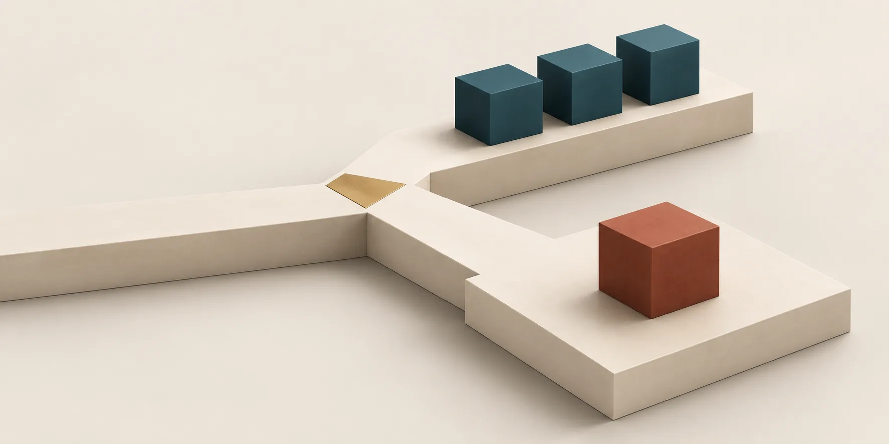 A forked cream plinth has teal cuboid modules on one branch and a terracotta cube on an open landing on the other, with a brass inset marking the alternate route