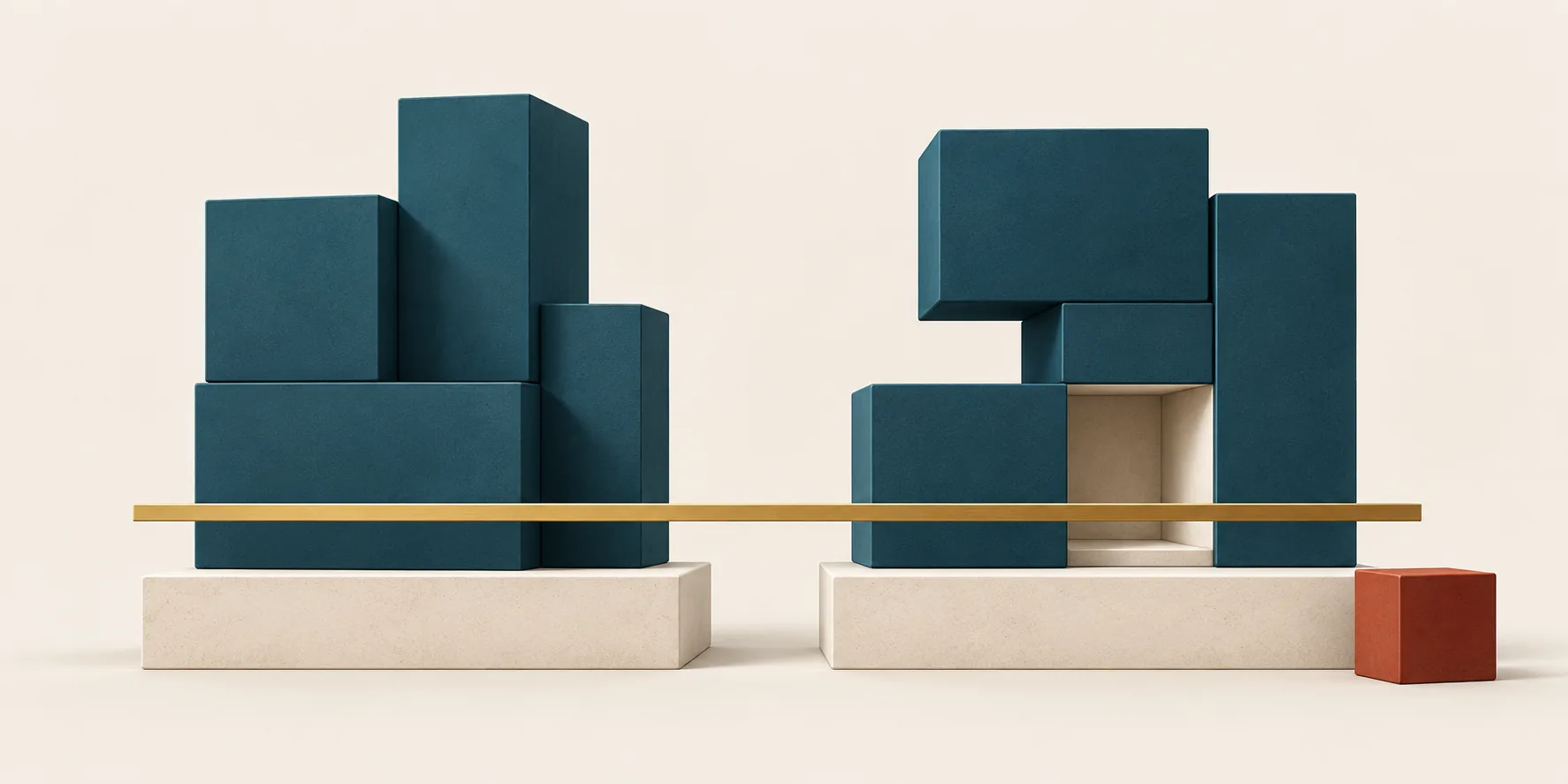 Two different teal cubic assemblies stand on matching cream plinths behind a brass comparison beam, with an empty slot and a terracotta cube beside the right assembly