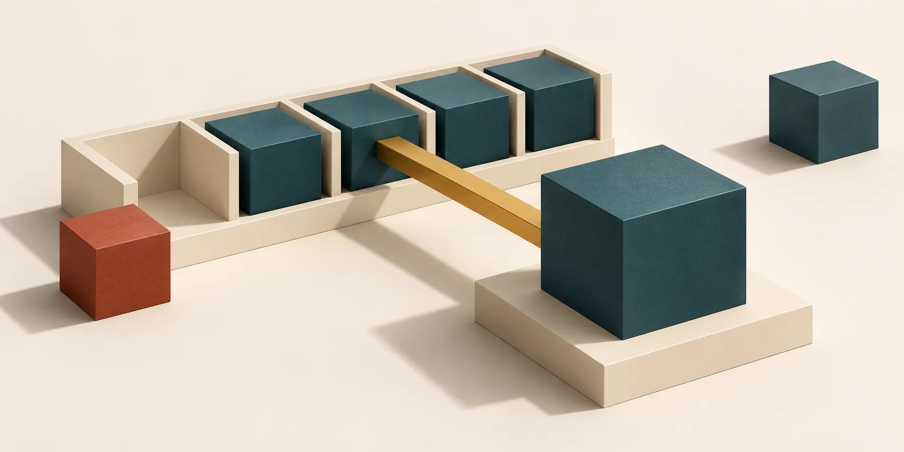 A brass bridge connects a teal source block to a larger answer cube, with a terracotta block beside an empty source bay and an isolated teal cube beyond a gap