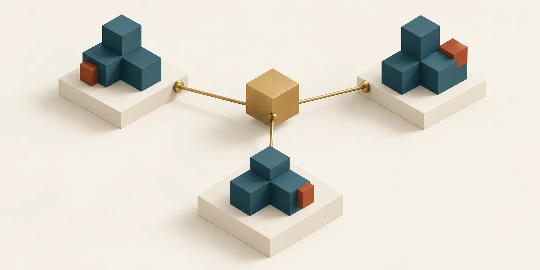 Separate teal cubic assemblies on cream platforms connect to a central brass hub, representing shared services with distinct company boundaries
