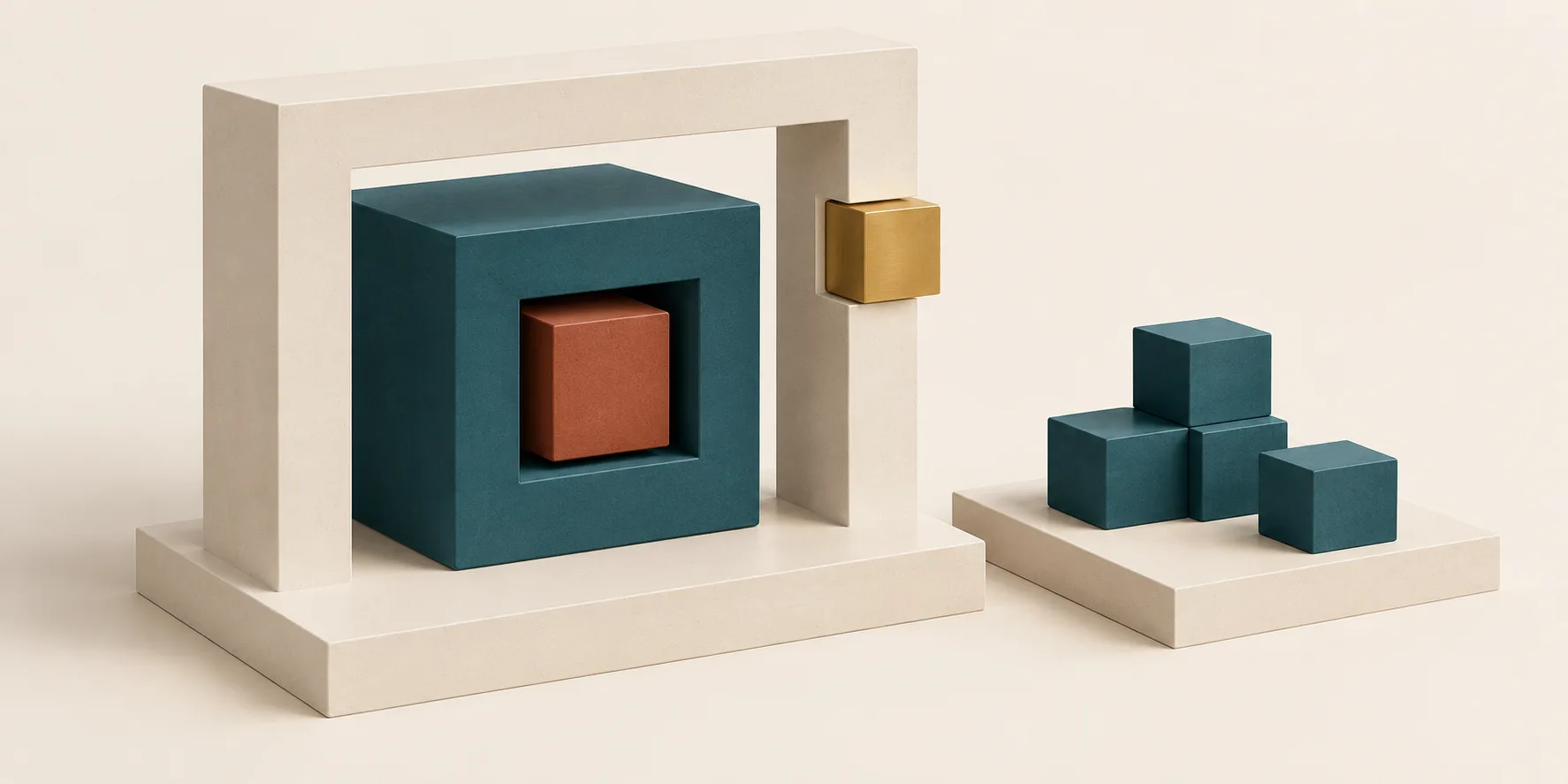 A terracotta core stays inside a teal enclosure behind a cream frame with a brass inset, beside separate teal blocks representing review, protected client context, and reusable methods