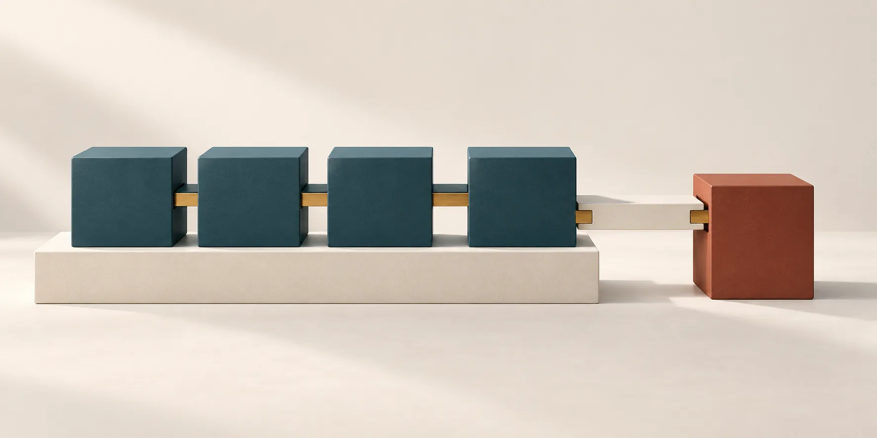 Brass links join teal cubes on a cream platform, with a cream bridge reaching a terracotta cube beside it, representing shared startup delivery and an operational handover